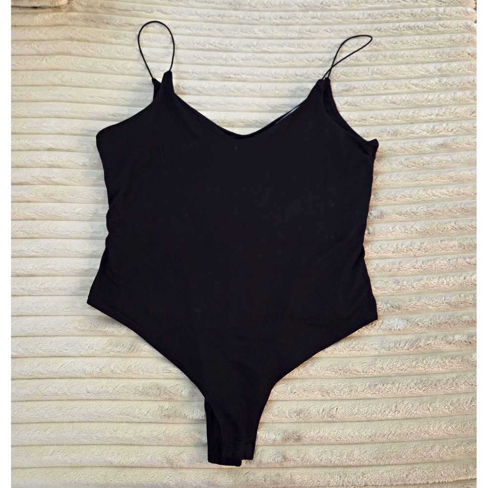 GAZE Black Bodysuit Women's Size M V-Neck Spaghetti Strap Cami One Piece Basic